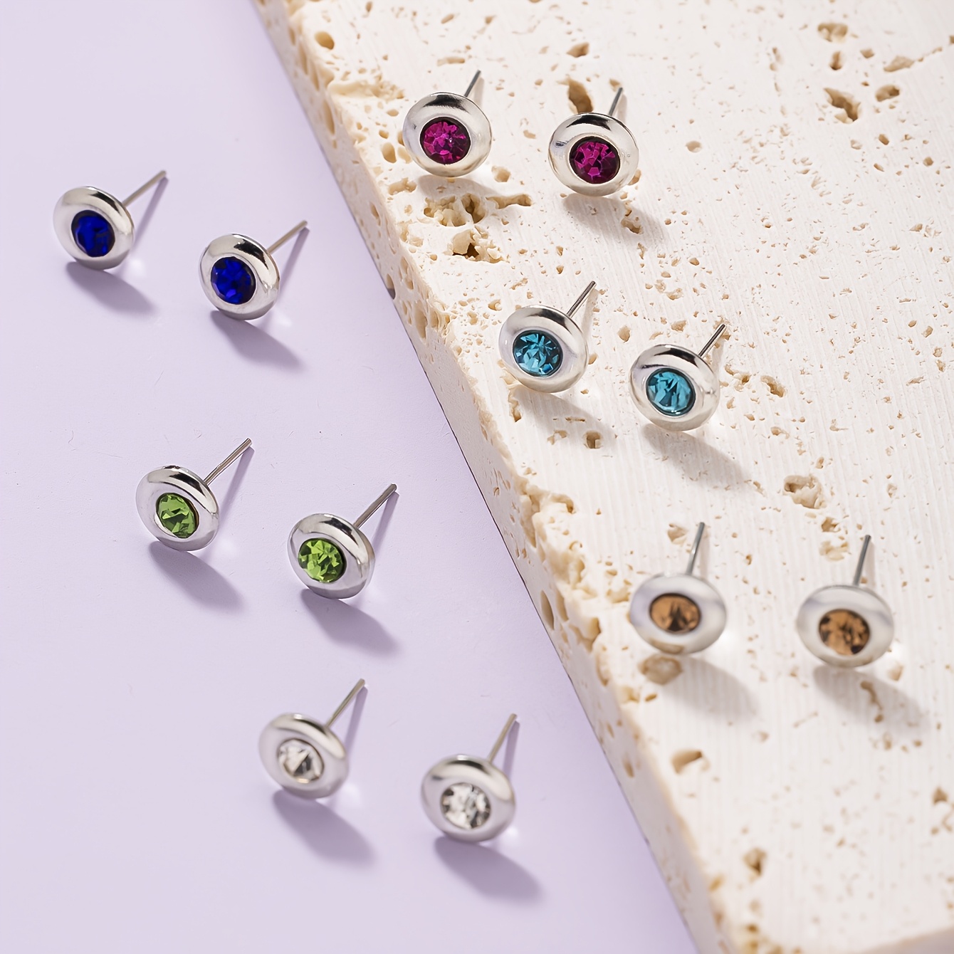 6 Pairs Rhinestone Earrings Set Stainless Steel Iron Crafted